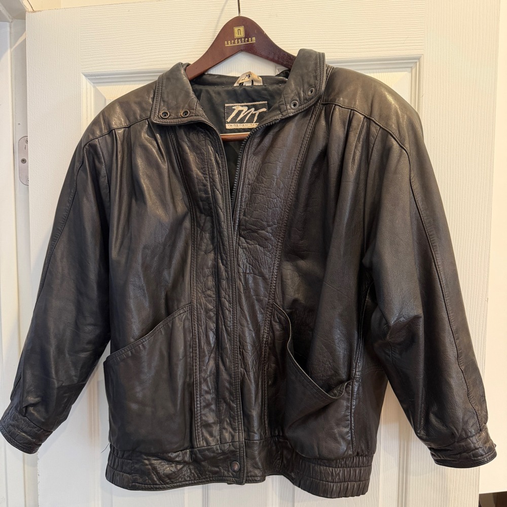 Vintage 80s Morgan Taylor Leather Bomber Jacket Black Petite XS Indie Sleaze